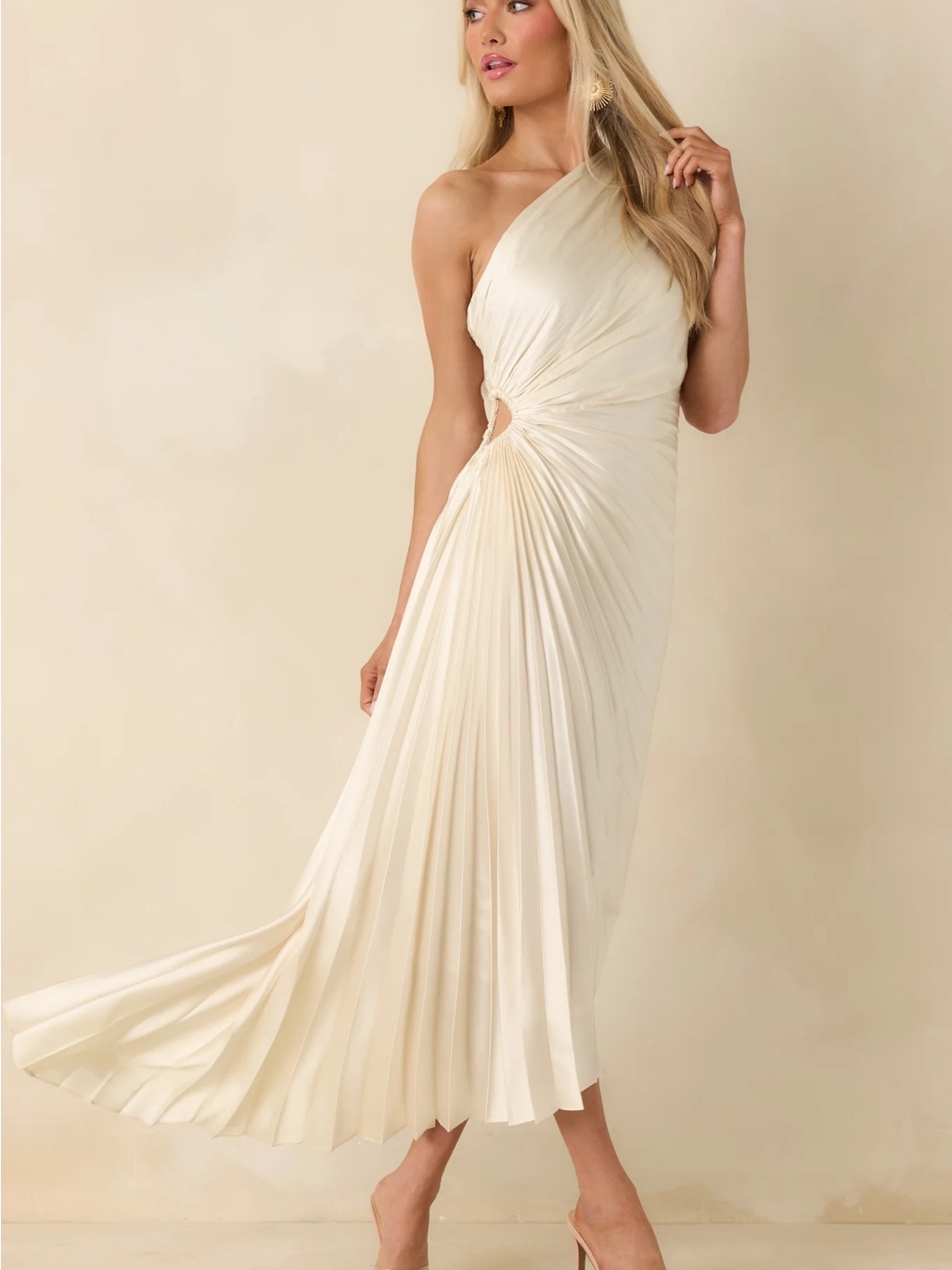 Vici Cream One-Shoulder Pleated Asymmetrical Midi Dress